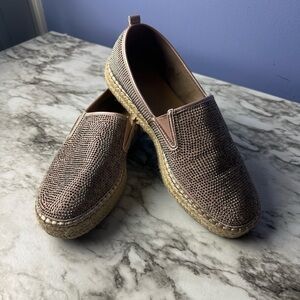 Kaari Blue Pink Rhinestone and Woven Slip On Shoes